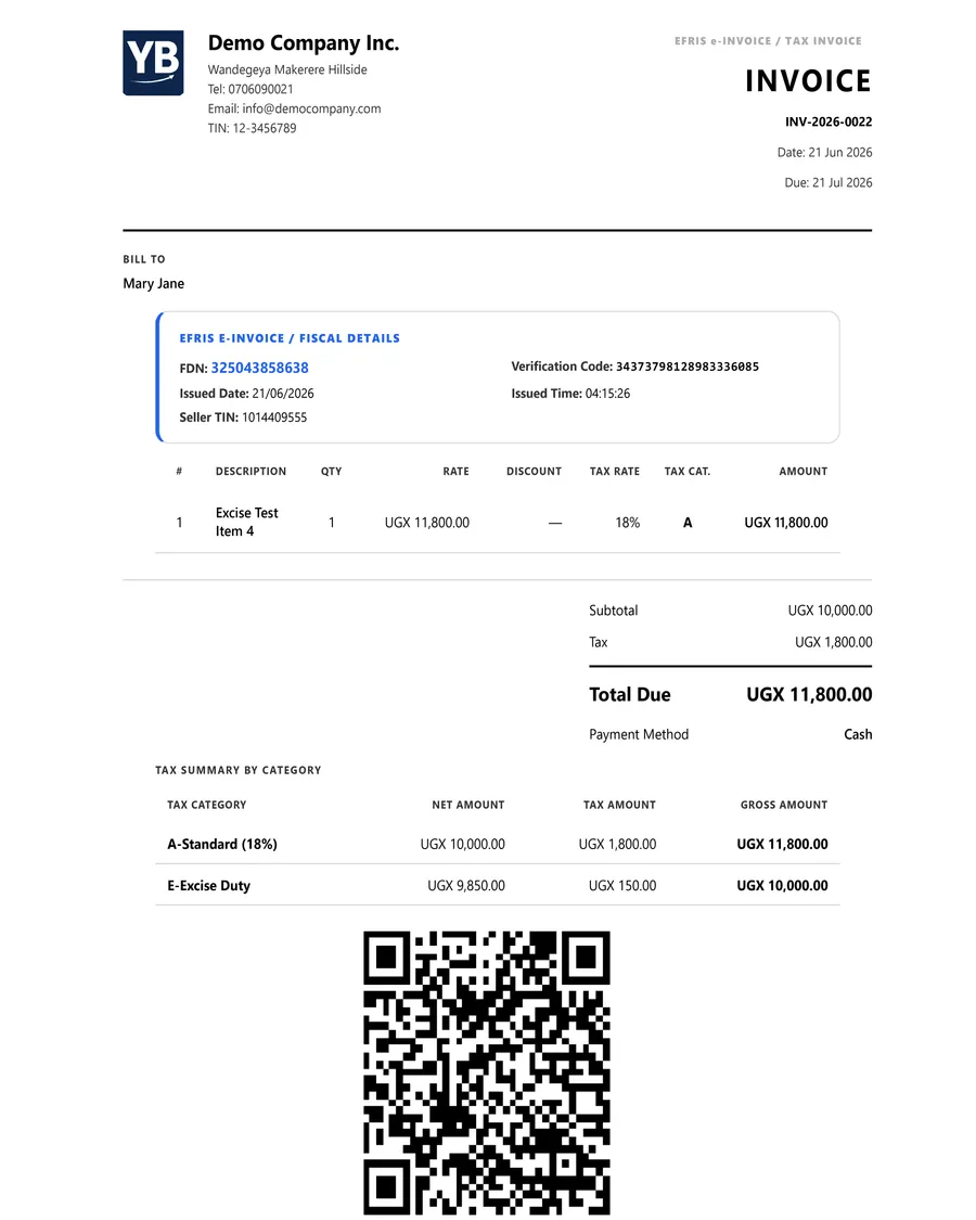 Sample URA EFRIS fiscalized receipt from the integration